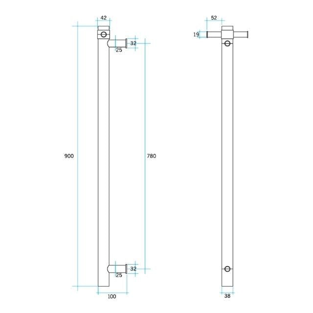 Technical Drawing Thermogroup Thermorail Straight/Round Non-Heated Vertical Bar 900x142x100mm With Optional Hook UVS900H - The Blue Space