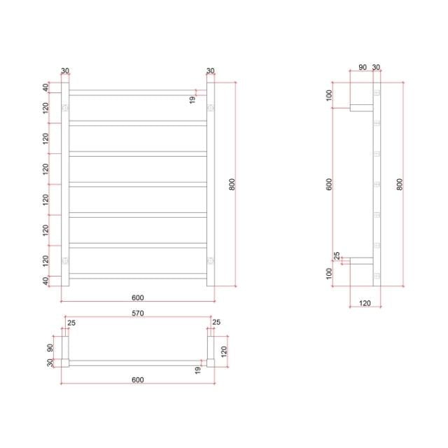 Technical Drawing Thermogroup Thermorail Straight/Square 600x800x120mm 83Watts 7 Bars - Brushed SSB44M - The Blue Space