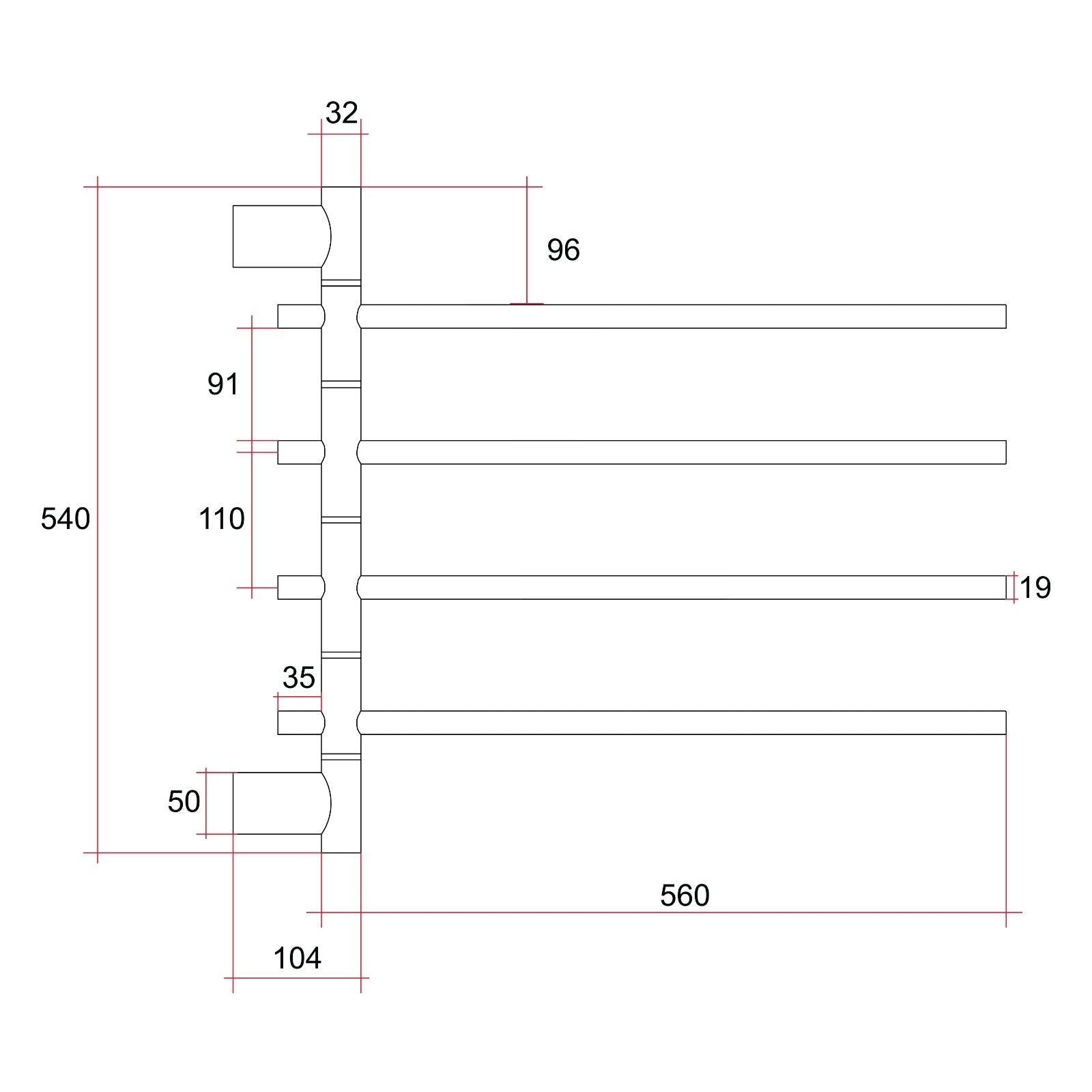 Technical Drawing Thermogroup Thermorail Swivel Straight/Round 595x540x104mm 45Watts 4Bars - Matt Black SV41B - The Blue Space