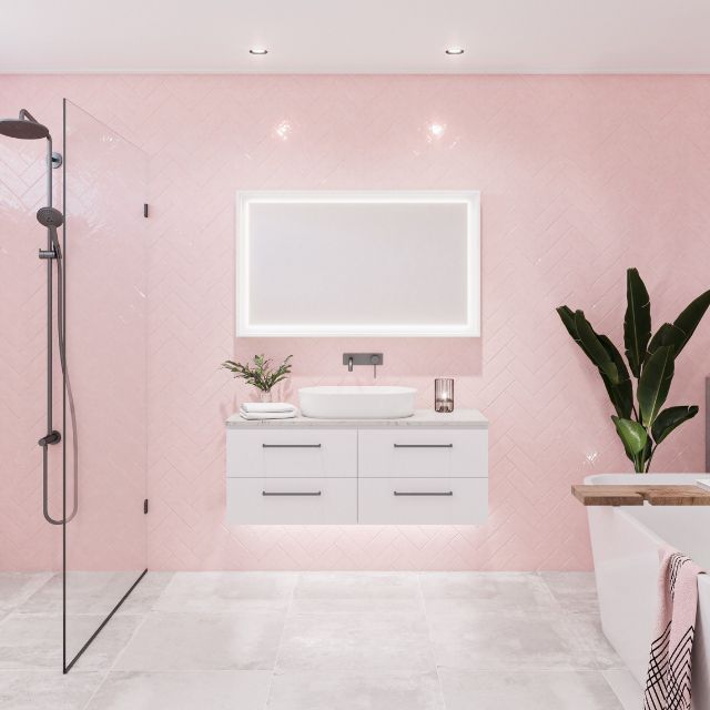 Timberline Ashton Wall Hung Vanity With Above Counter Basin - 1200mm Centre Basin With White Satin Cabinet with Bianco Pearl SilkSurface Top and White Gloss Myrtle Ceramic Basin | Shown with Under Cabinet Lighting ASH-V-1200-C-SSA-W | The Blue Space