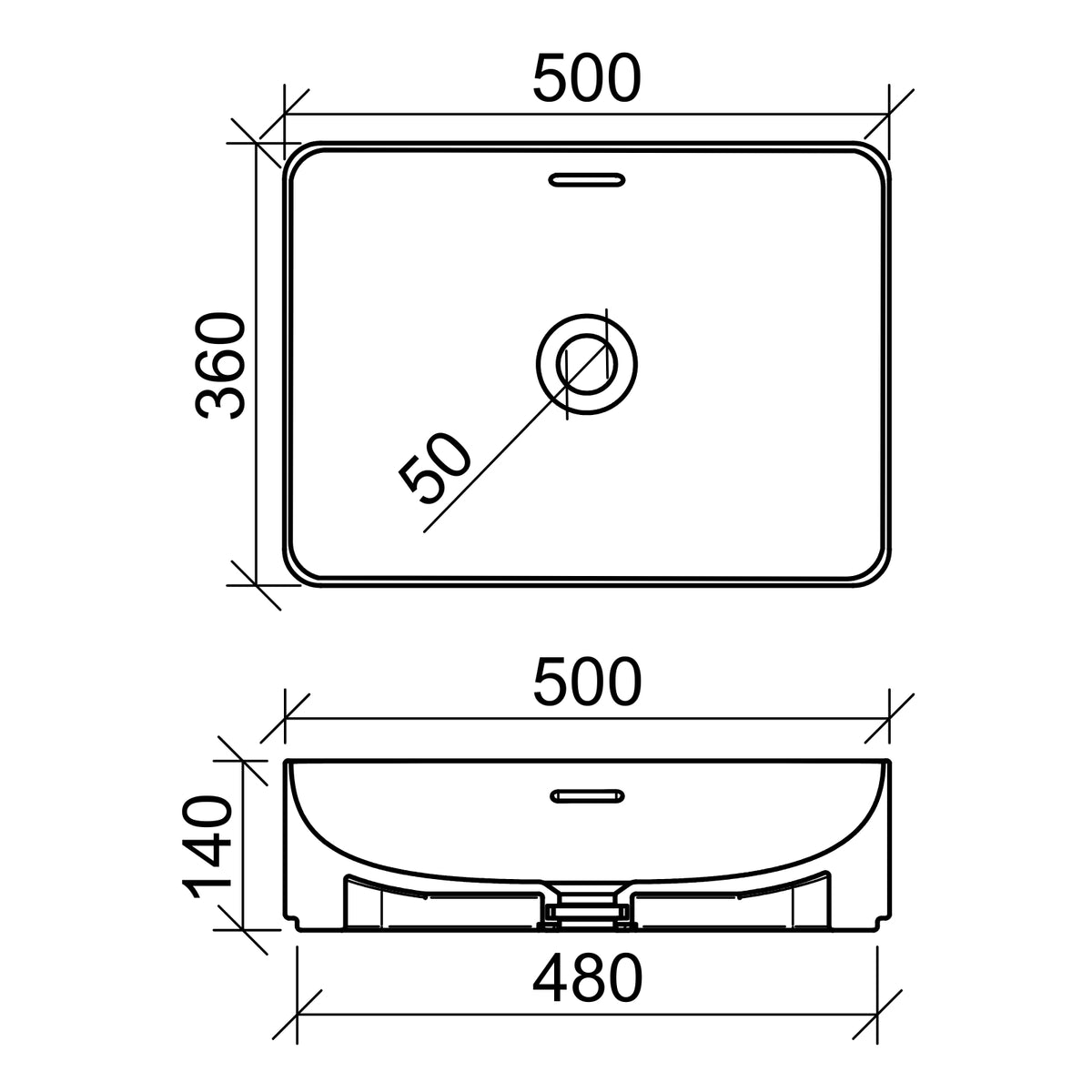 Technical Drawing Timberline August 500mm x 360mm Rectangular Above Counter Basin - White Gloss AUG-BS-500-WG-S - The Blue Space