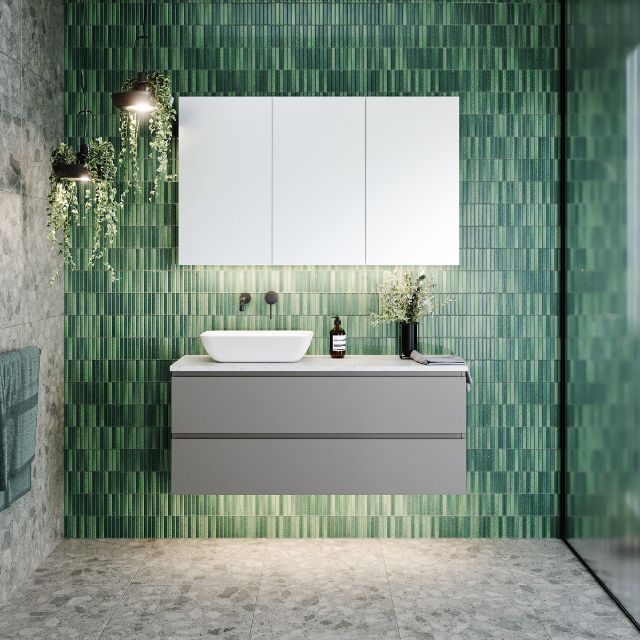 Timberline Billie Wall Hung Ensuite Vanity 1200mm Left Bowl with Dark Grey Satin Cabinet Lapis Salt SilkSurface Top and Bloom Above Counter Ceramic Basin BIL-V-1200-L-SSA | The Blue Space