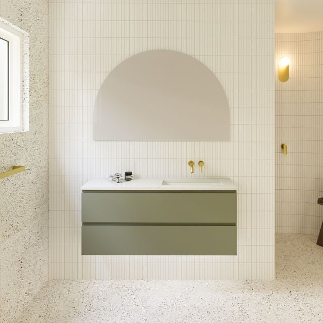 Timberline Billie Wall Hung Ensuite Vanity 1200mm Right Bowl Olive Satin Cabinet with Organica SilkSurface Top and White Gloss Ruby Under Counter Basin BIL-V-1200-R-SSU-W | The Blue Space