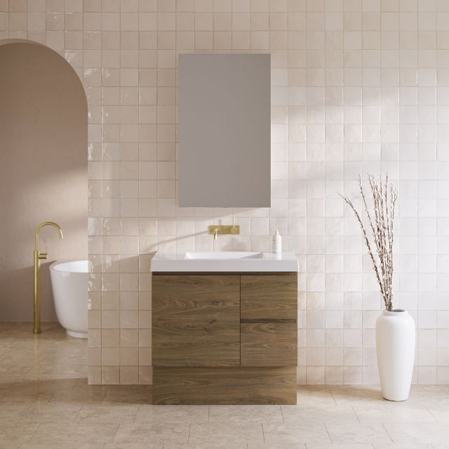 Timberline Carlo Floor standing Vanity with Grand Mineral Composite Top - 900mm Centre Basin with Natural Walnut Cabinet - Jazz Shaving Cabinet | The Blue Space