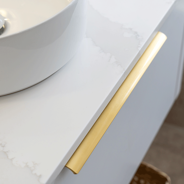 Timberline Santos Wall Hung Vanity with SilkSurface Top and Basin brushed gold handles