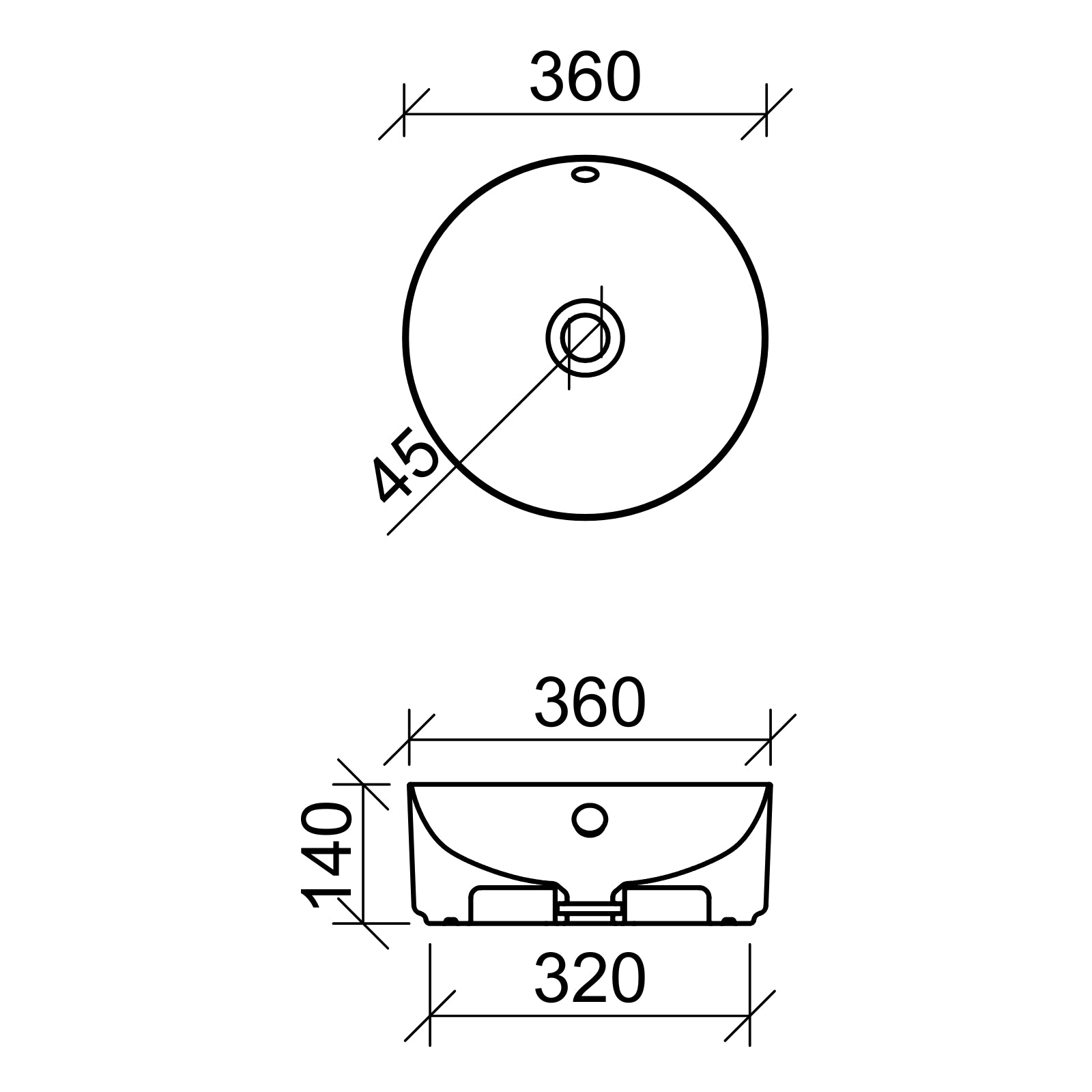 Technical Drawing Timberline Hazel 360mm Round Above Counter Basin - White Gloss HAZ-BS-360-WG-S - The Blue Space