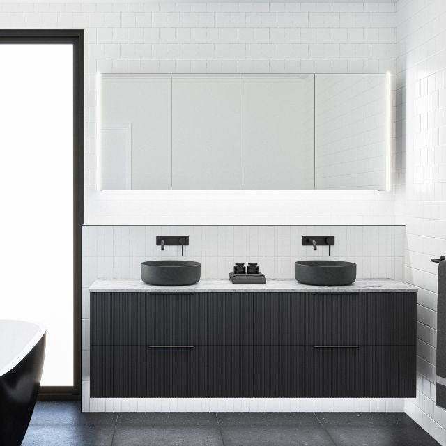 Timberline Henley Dockland Wall Hung Vanity With Above Counter Basin - 1800mm Double Basin with Black Satin Cabinet Grigio Stone SilkSurface Top and Black Matt Allure Ceramic Basins HEN-V-1800-D-SSA-W-DL | The Blue Space