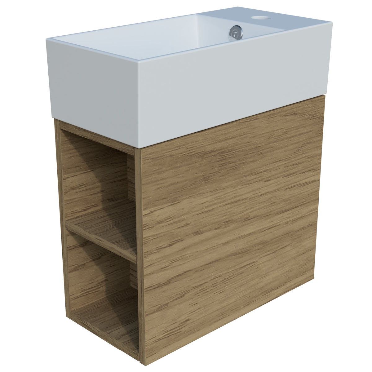 Side view of Timberline Lottie LOT-V-480-R-LIB-W 480mm wall hung vanity with right-hand tap hole and left-side open shelving