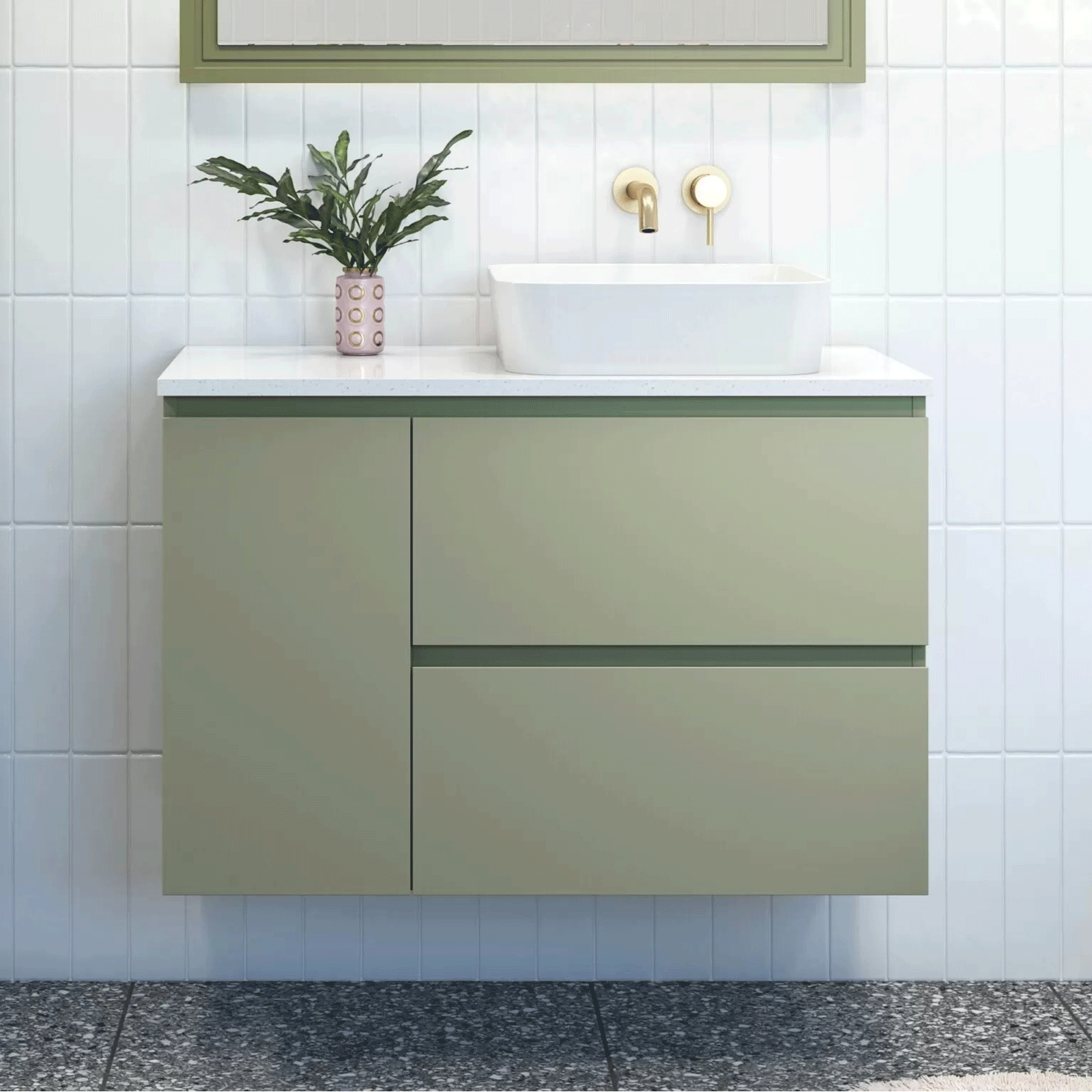 Timberline Marshall Olive Satin Cabinet with Star Dust SilkSurface Top and White Gloss Florent Ceramic Basin