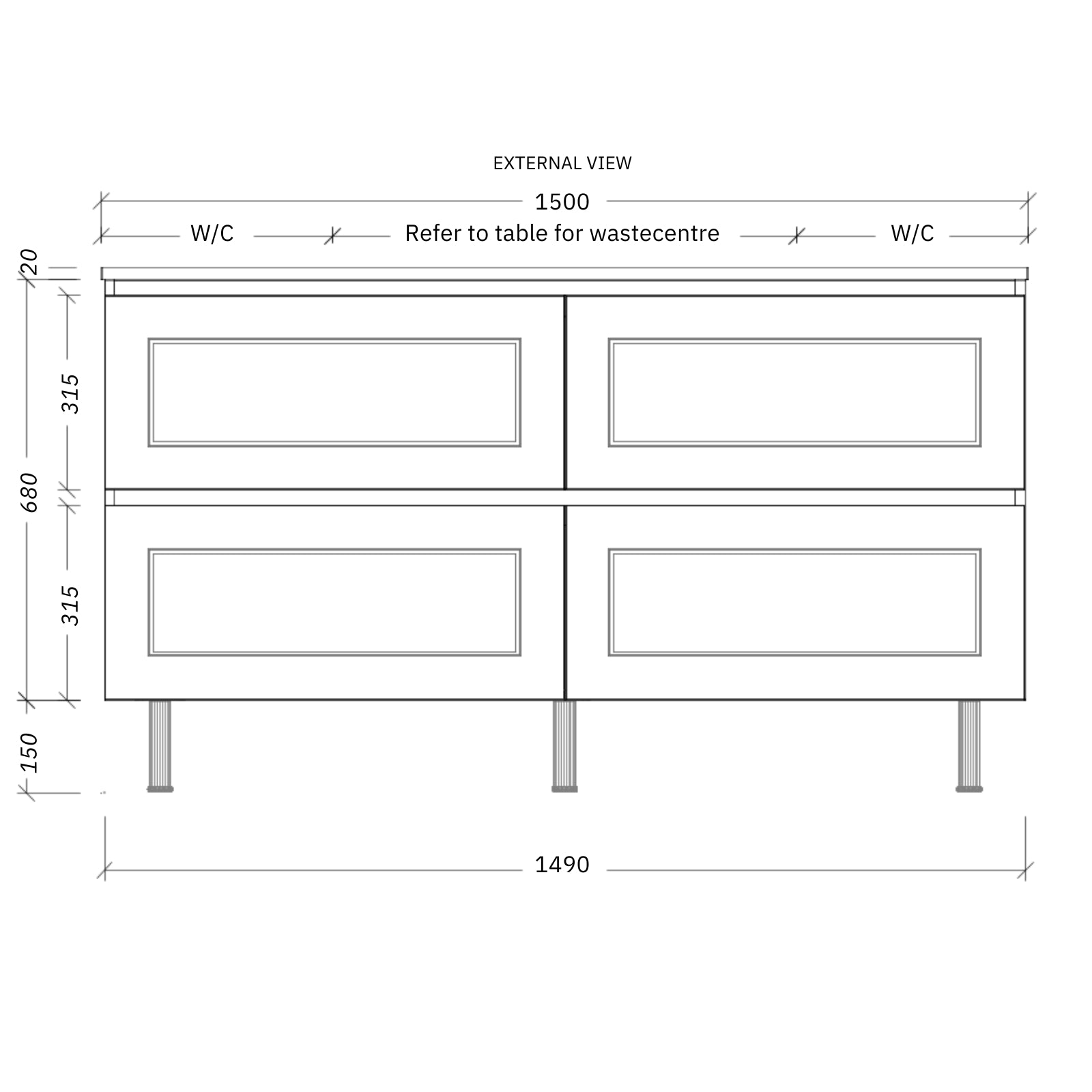 Timberline Nevada Plus Classic Floor Standing Vanity on Legs with SilkSurface Top and Above Counter Basin 1500mm Double Bowl NVPC-V-1500-D-SSA-L | The Blue Space