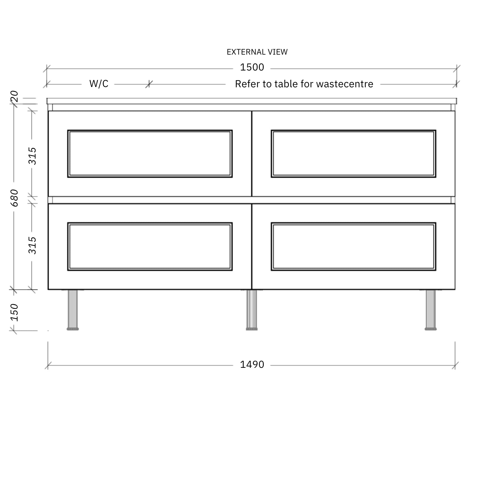Timberline Nevada Plus Classic Floor Standing Vanity on Legs with SilkSurface Top and Above Counter Basin 1500mm Left Bowl NVPC-V-1500-L-SSA-L | The Blue Space