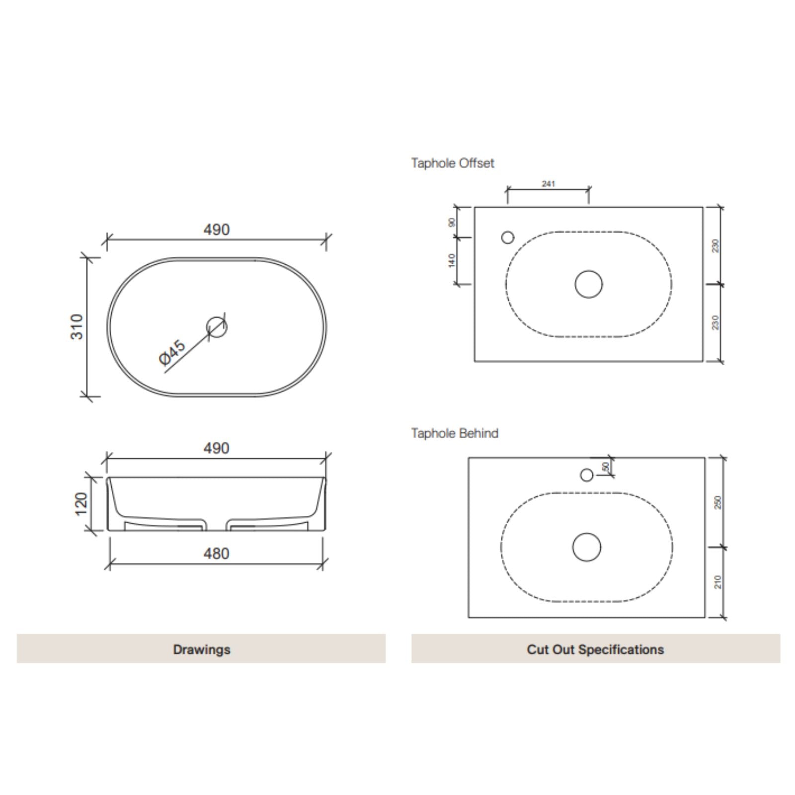 Timberline Oval Flute 490 x 310 Matte White Ceramic Technical Drawing OVF-BS-490-WM-U | The Blue Space