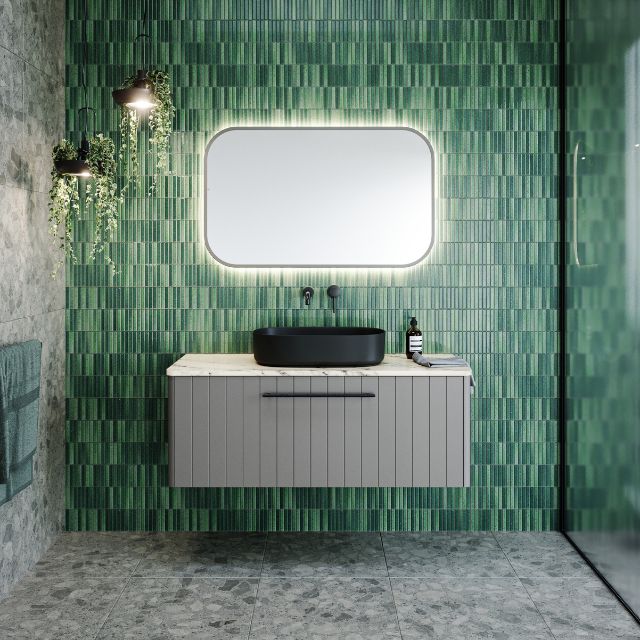 Timberline Saba Wall Hung Vanity 1200mm Dark Grey Satin Cabinet with Opalora SilkSurface Top and Black Matt Myrtle Ceramic Basin SAB-V-1200-C-SSA-W | The Blue Space