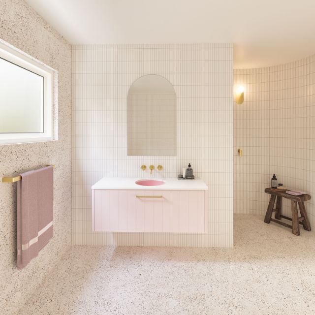 Timberline Saba Wall Hung Vanity 1200mm Pink Cabinet with Arctic SilkSurface Top and Pink Matt Allure Under Counter Ceramic Basin SAB-V-1200-C-SSA-W | The Blue Space