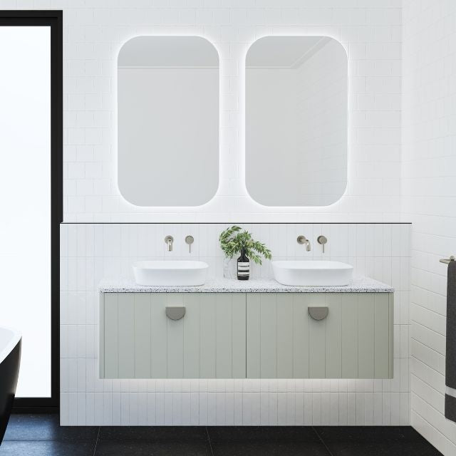 Timberline Saba Wall Hung Vanity 1500mm Double Basin Light Pistachio Satin Cabinet with Lapis Salt SilkSurface Top and White Gloss Addison Inset Ceramic Basins SAB-V-1500-D-SSA-W | The Blue Space