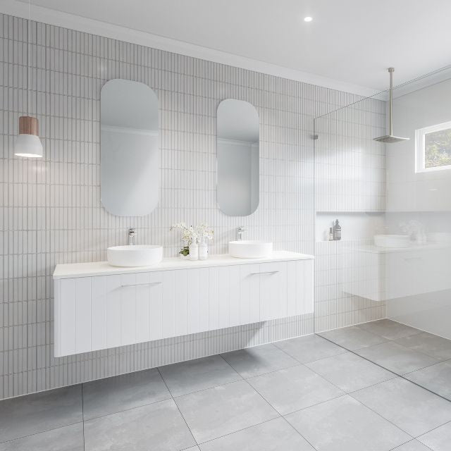 Timberline Saba Wall Hung Vanity 1800mm Double Basin White Satin Cabinet with Blanca Granite SilkSurface Top and White Matt Allure Raked Ceramic Basins SAB-V-1800-D-SSA-W | The Blue Space