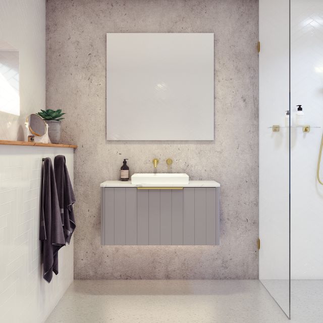 Timberline Saba Wall Hung Vanity 900mm Steel Grey Satin Cabinet with Bianco Pearl SilkSurface Top and White Gloss Arcade Inset Ceramic Basin SAB-V-900-C-SSA-W | The Blue Space