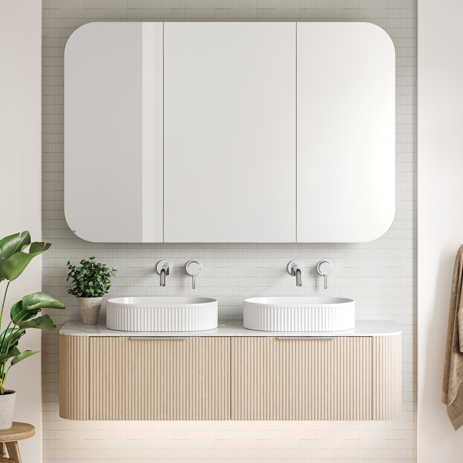 Timberline Santos Dockland Fluted Wall Hung Vanity with SilkSurface Top and Above Counter Basin SAN-V-1800-C-SSA-W-DL - The Blue Space