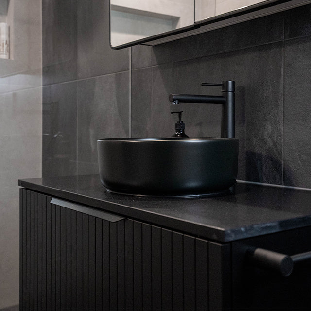 Image includes ADP Ashley Wall Hung Vanity - Centre Bowl, Black Poly Matte, Jet Black Caesar, 1 Tap 12 Oclock, Margot MB, Phoenix NX Quil Shower Rose - Matte Black, Phoenix Vivid Ceiling Arm Only 300mm-Matte Blackk, Phoenix Vivid Slimline Shower/Wall Mixer 60mm Backplate Matte Black, Phoenix Vivid Slimline Vessel Mixer-Matte Black, Timberline Sutherland House Shaving Cabinet - Black Satin, internal powerpoint, Forme Square Tile Insert Black Satin