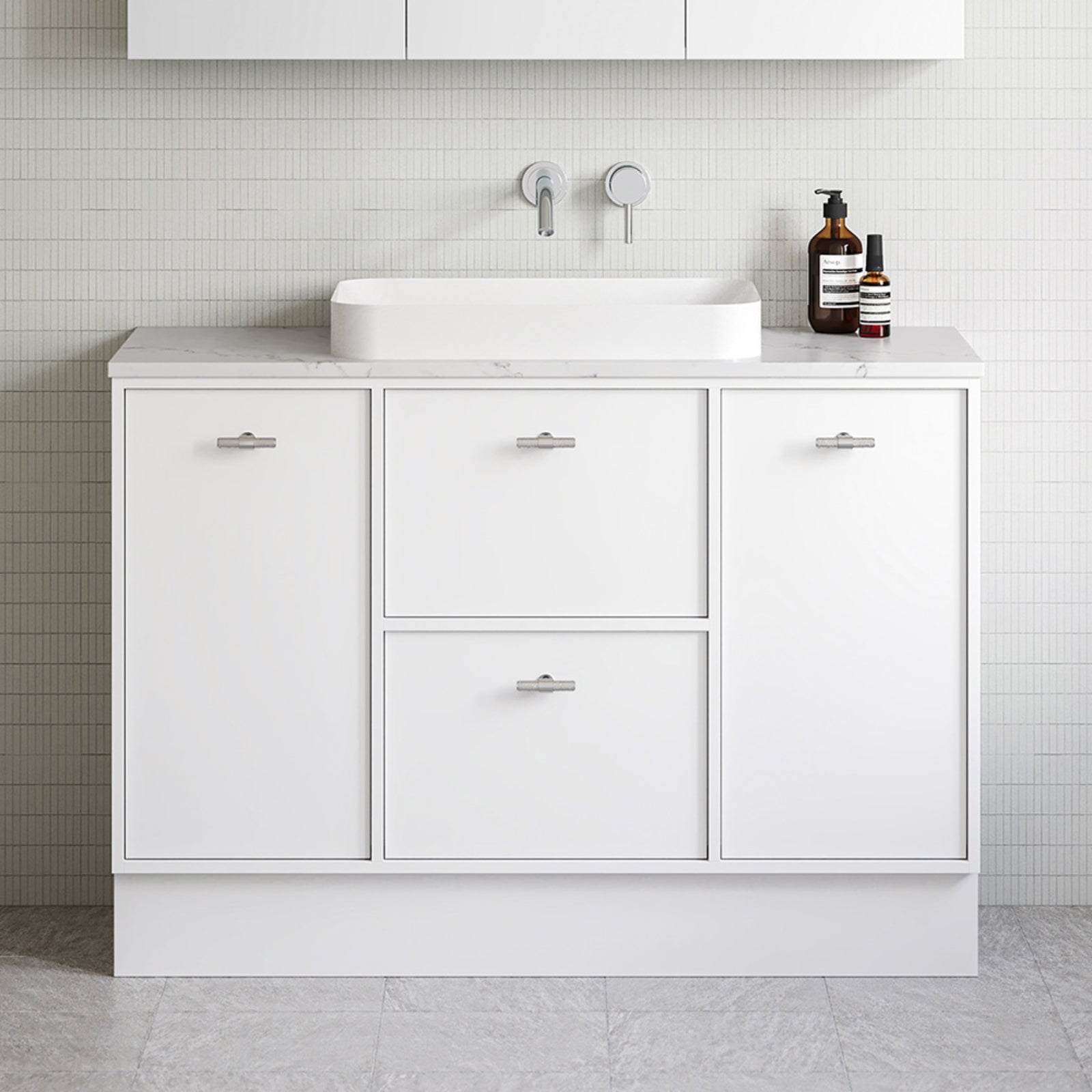 lifestyle Timberline Takano Floor Standing Vanity with SilkSurface Top and Above Counter Basin TAK-V-1200-C-SSA-F-The Blue Space