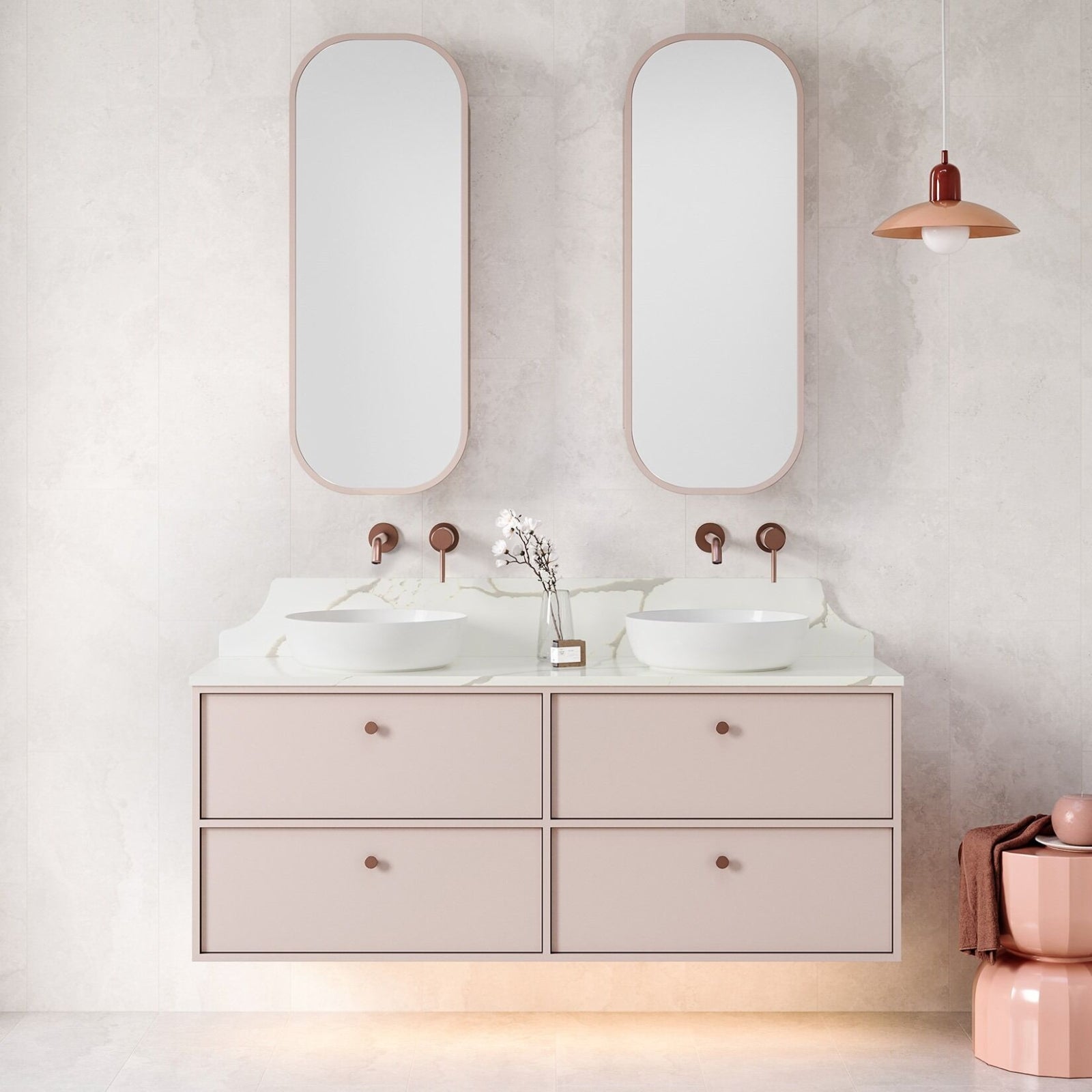 Lifestyle Timberline Taro Wall Hung Vanity with SilkSurface Top and Above Counter Basin TAR-V-1500-L-SSA-W - The Blue Space