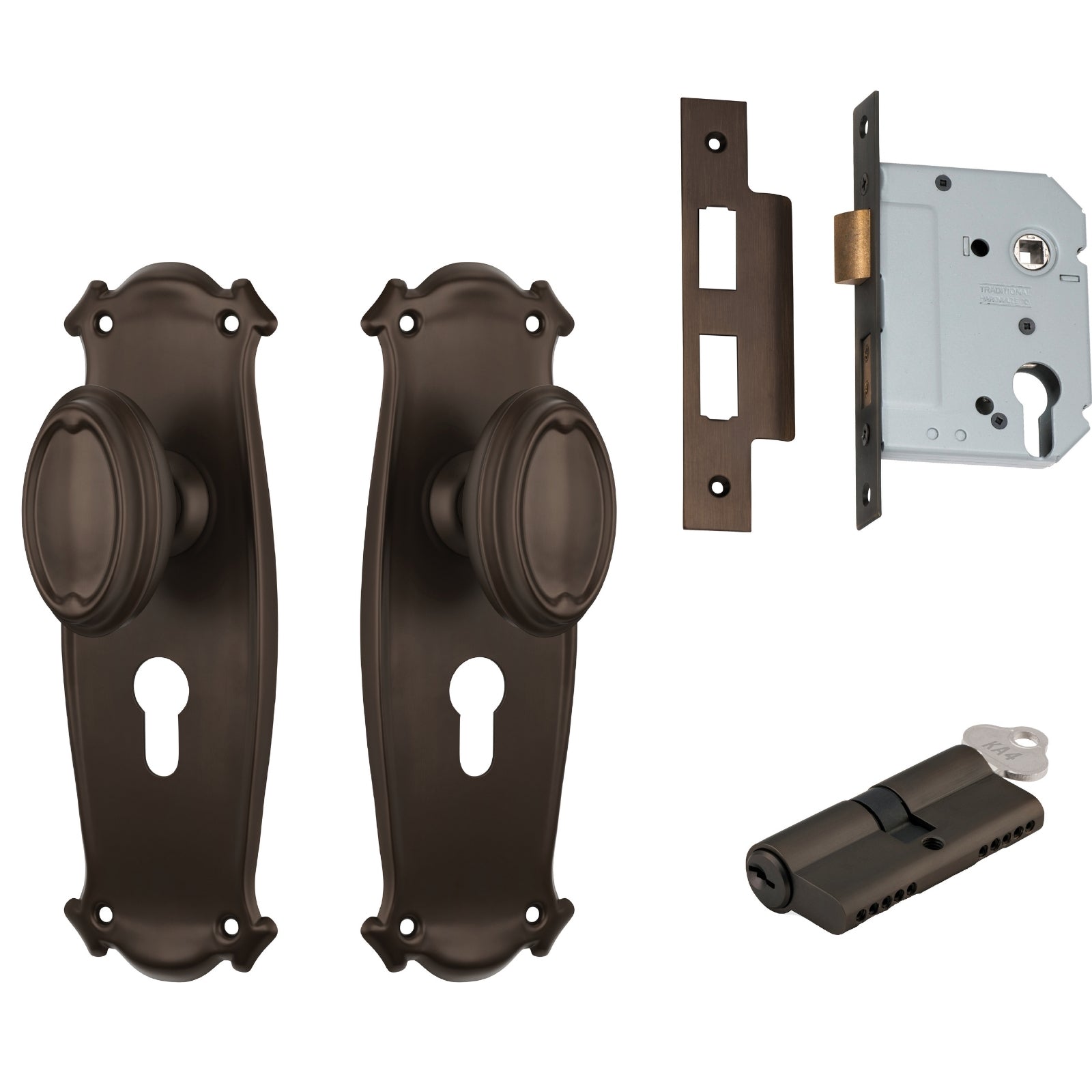 TradCo Bungalow Door Knob Long Backplate Entrance Set with High Security Lock Antique Brass 0830KENTREURO57KK - The Blue Space