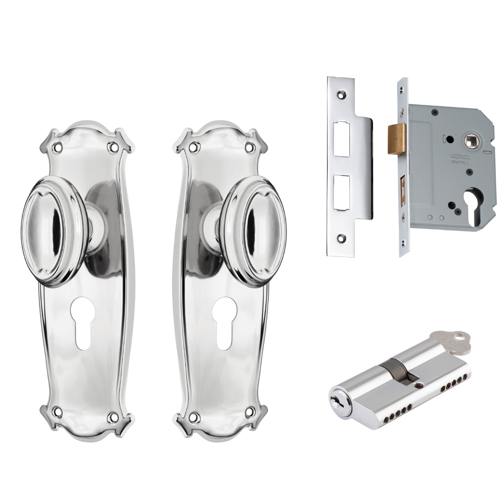 TradCo Bungalow Door Knob Long Backplate Entrance Set with High Security Lock Chrome Plated 0886KENTREURO57KK - The Blue Space