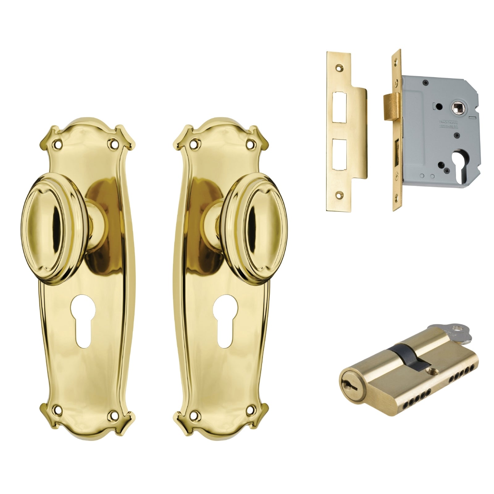 TradCo Bungalow Door Knob Long Backplate Entrance Set with High Security Lock Polished Brass 1050KENTREURO57KK - The Blue Space