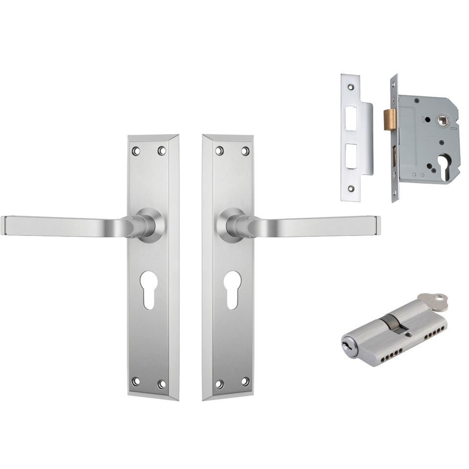 TradCo Menton Lever Long Backplate Entrance Set with High Security Lock Satin Chrome