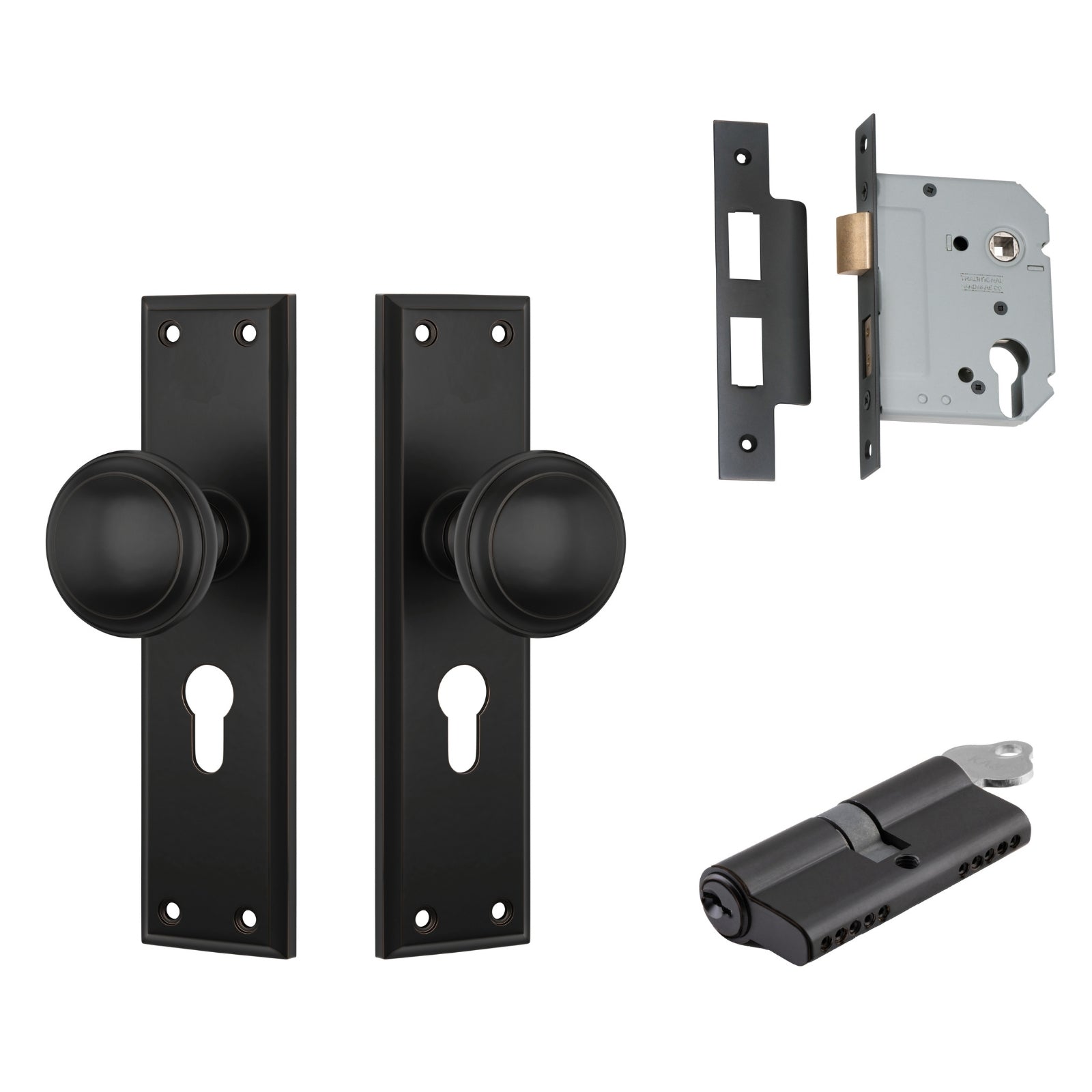 TradCo Milton Door Knob Long Backplate Entrance Set with High Security Lock Antique Copper 0728KENTREURO57KK - The Blue Space