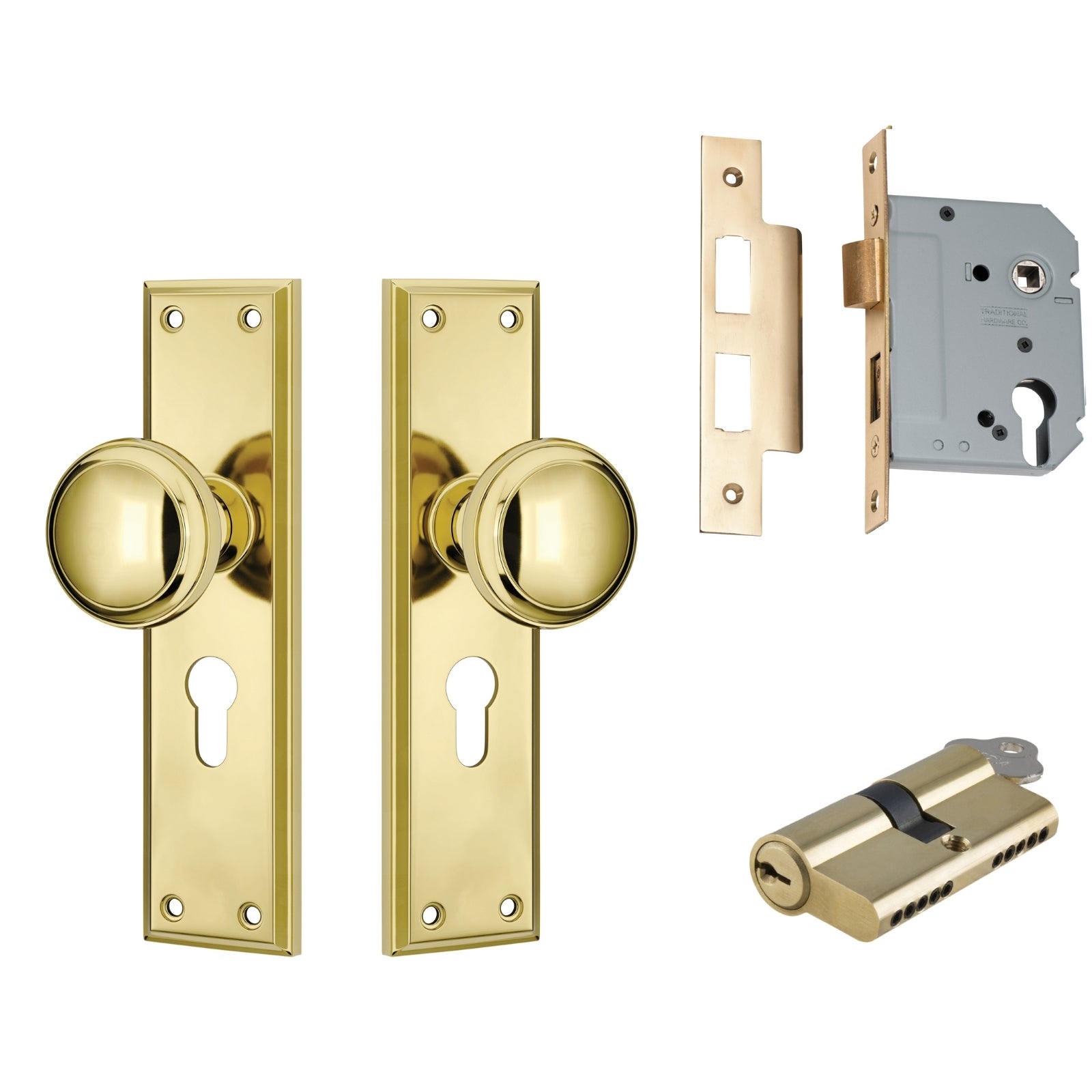 TradCo Milton Door Knob Long Backplate Entrance Set with High Security Lock Polished Brass 0720KENTREURO57KK - The Blue Space