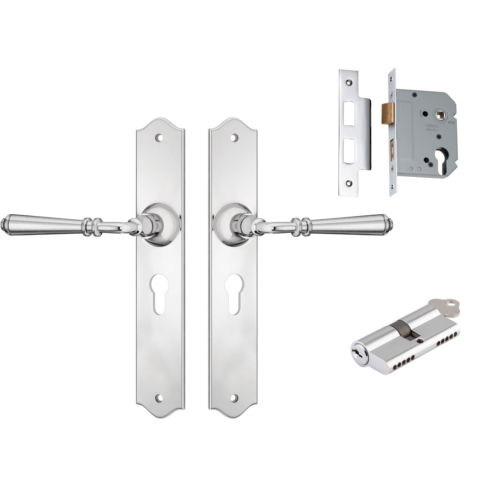 TradCo Reims Lever Long Backplate Entrance Set with High Security Lock Chrome Plated 0777KENTREURO57KK - The Blue Space