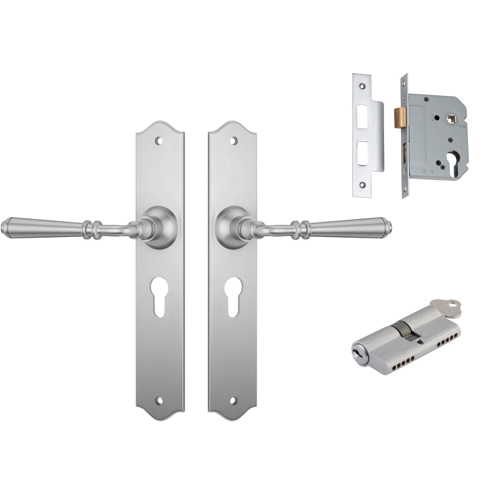 TradCo Reims Lever Long Backplate Entrance Set with High Security Lock Satin Chrome 0749KENTREURO57KK - The Blue Space