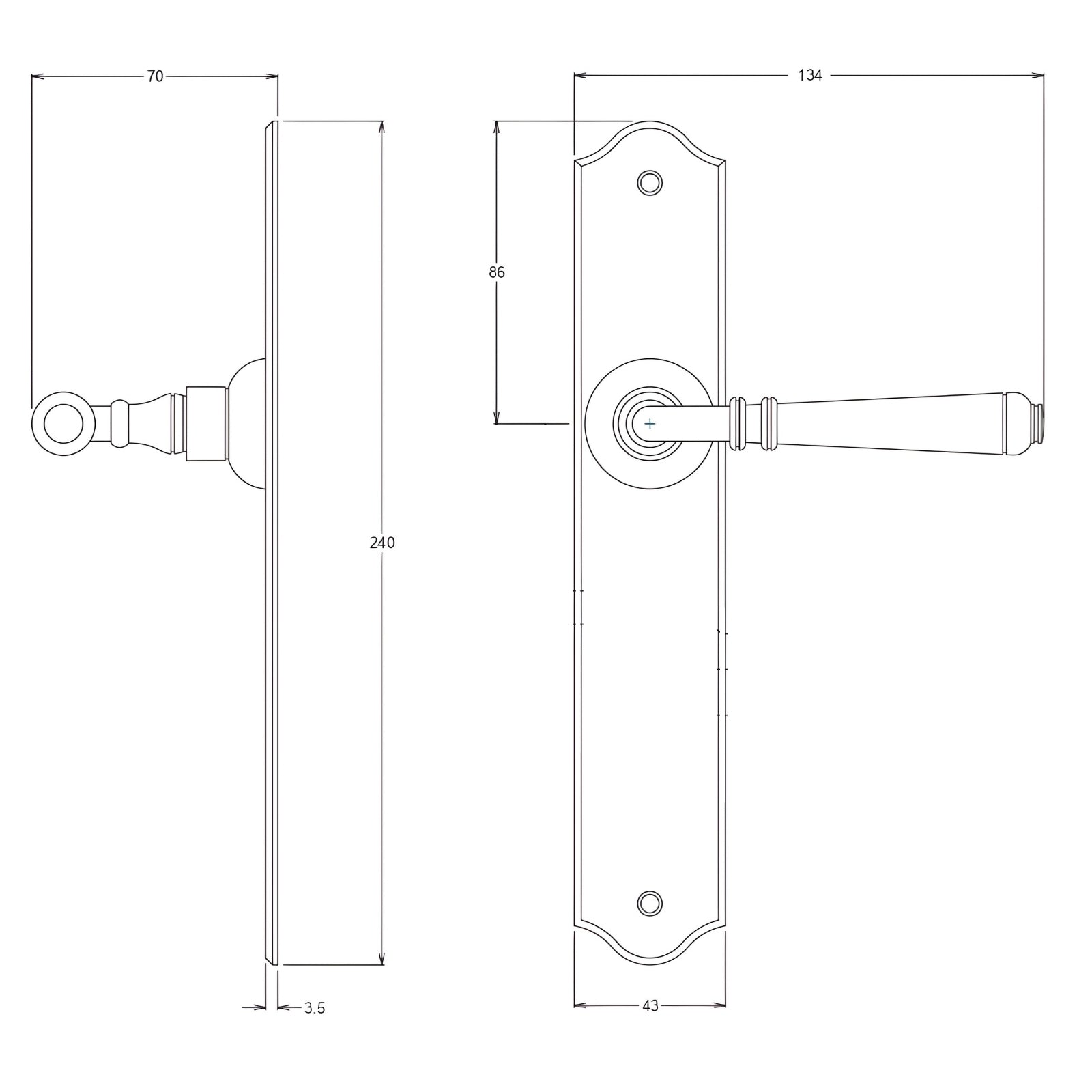 Line Drawing TradCo Reims Lever Long Backplate Passage Set Antique Brass 0774KPASS60 - The Blue Space