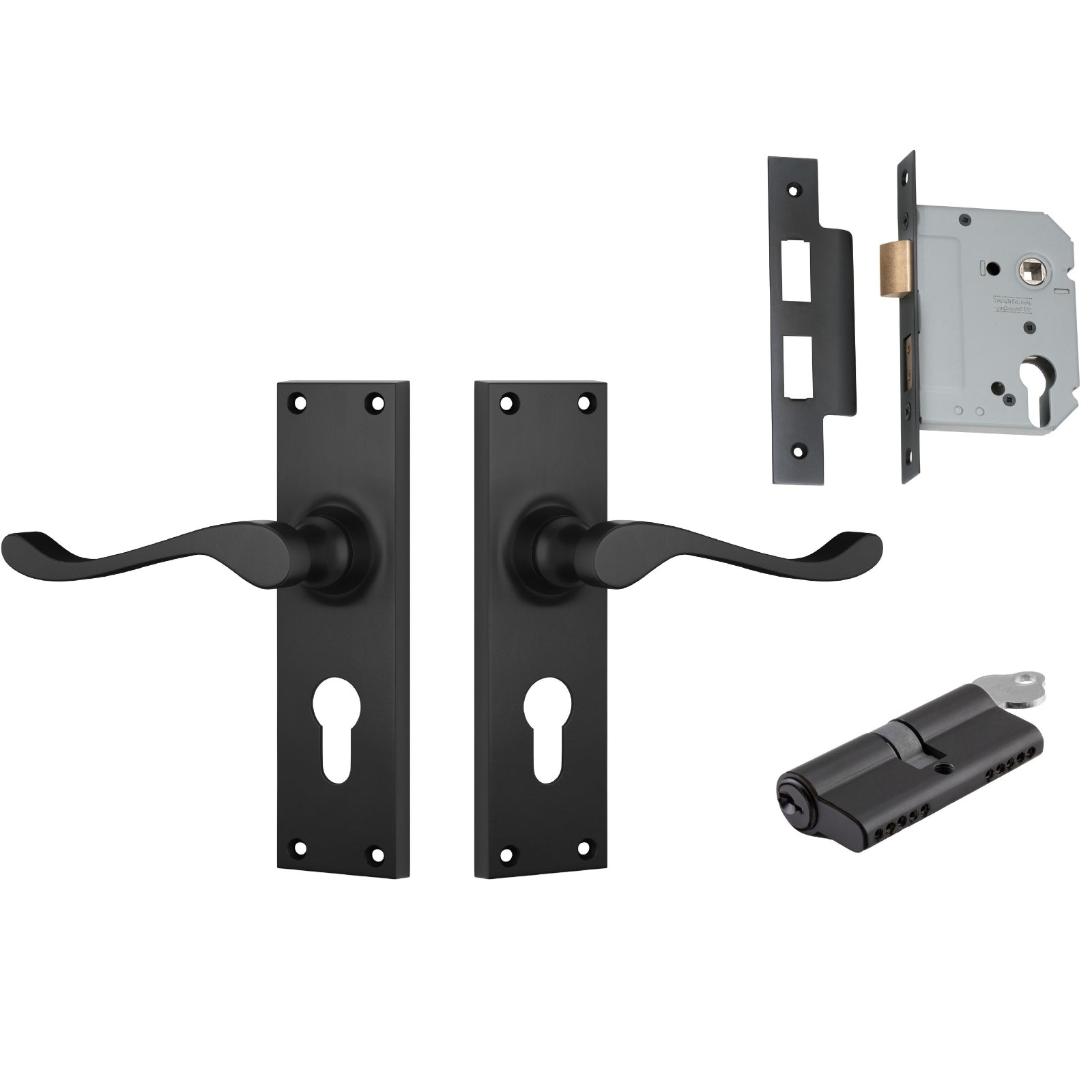 TradCo Victorian Lever Long Backplate Entrance Set with High Security Lock Matte Black 1930KENTREURO57KK - The Blue Space