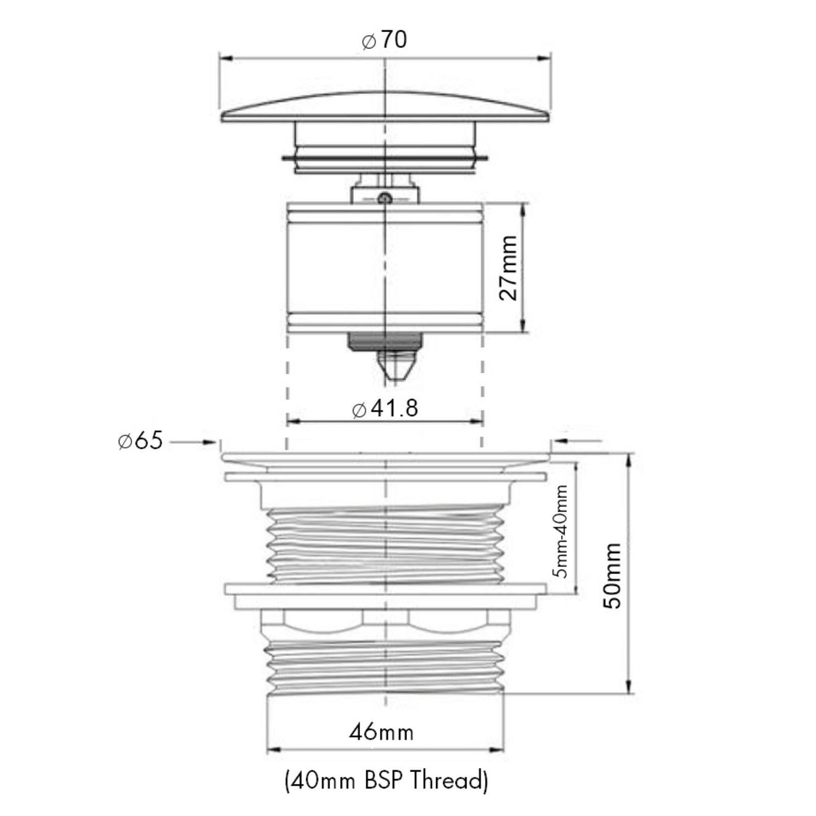 Technical Drawing Turner Hastings 40mm Safety Pull-Out Ceramic Pop-Up Bath Waste with Short Tail - Gloss White BA404PO-GW - The Blue Space