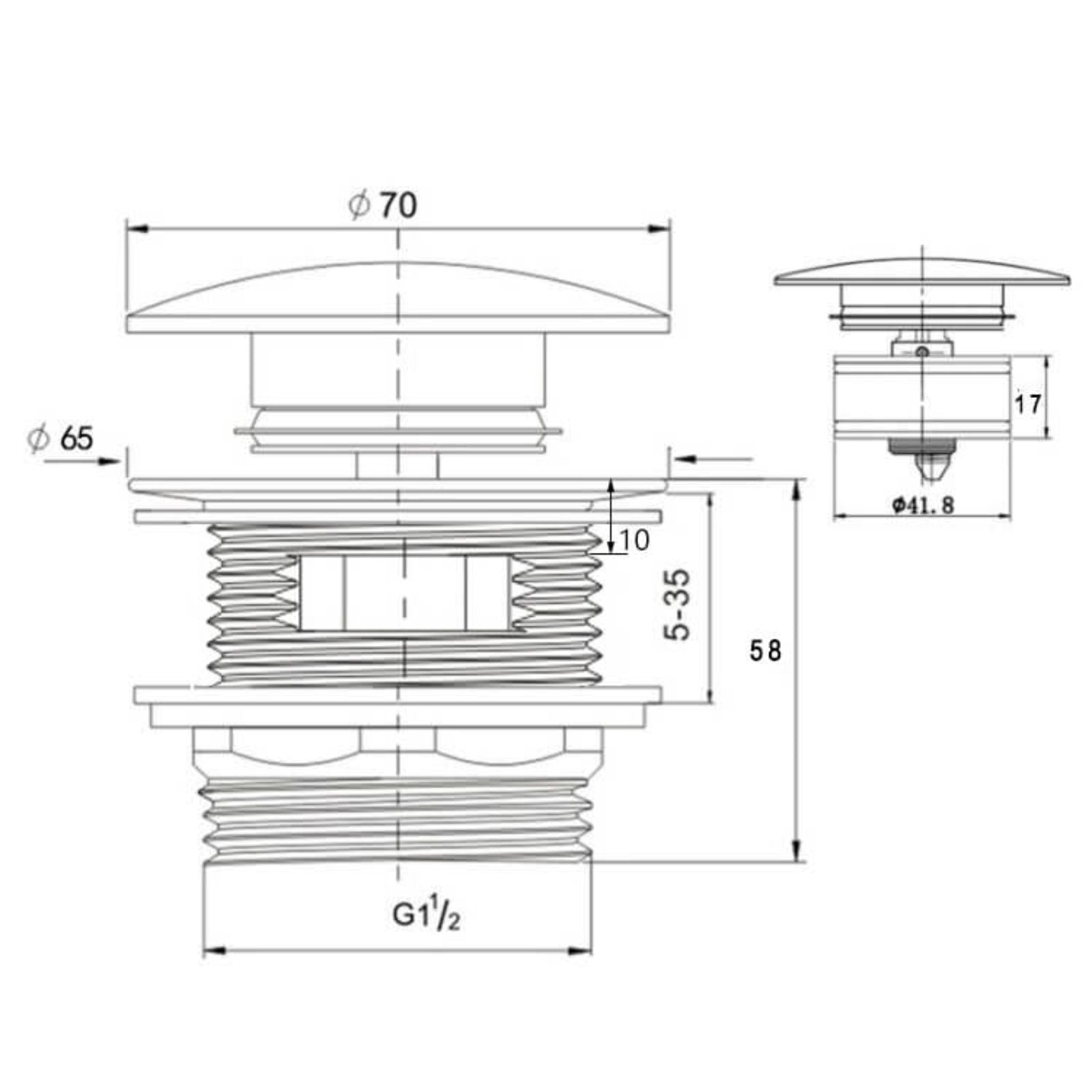 Technical Drawing Turner Hastings 40mm Safety Pull-Out Pop-Up Bath Waste with Short Tail with Overflow - Matte White BA407PO-OF-MW - The Blue Space