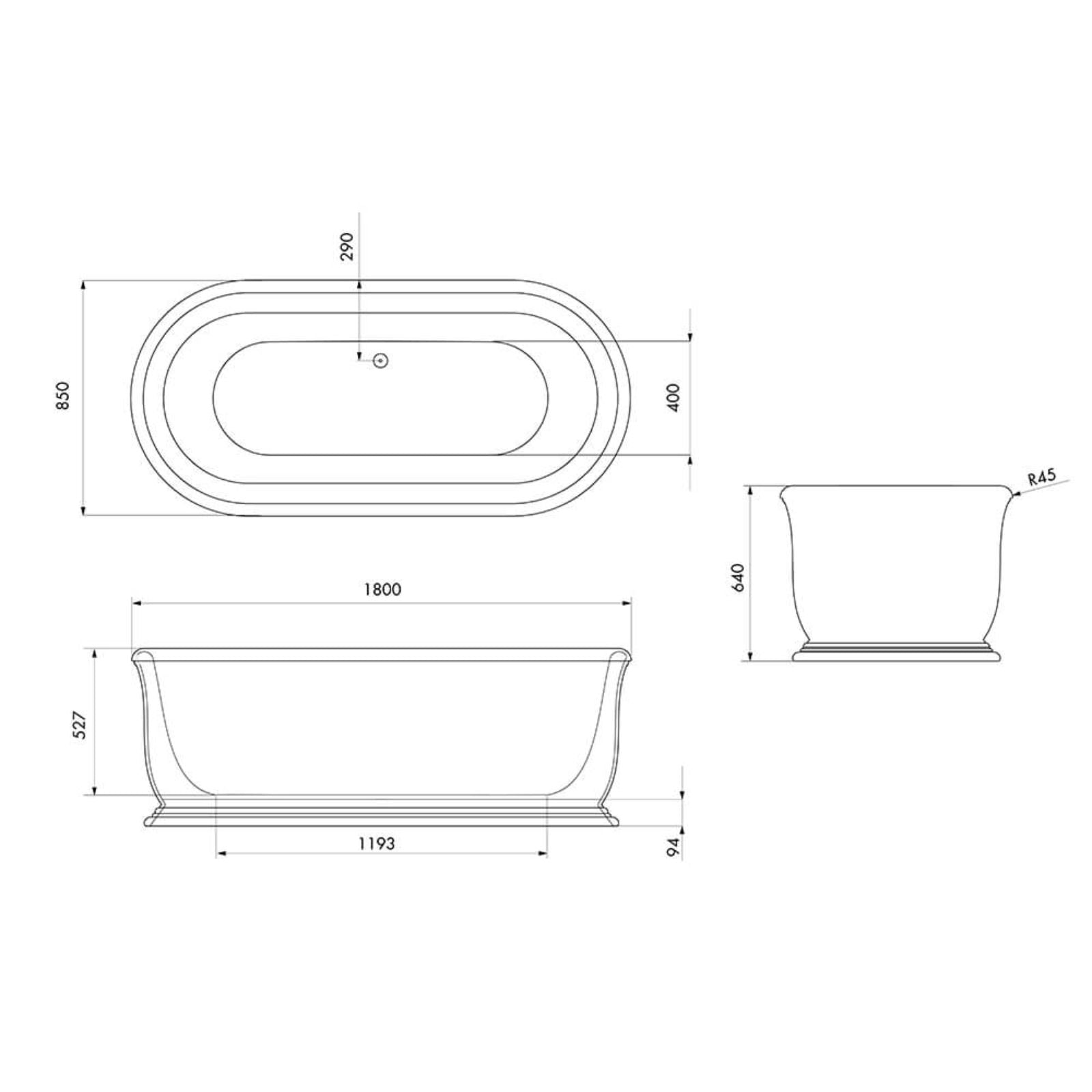 Technical Drawing Turner Hastings Camden 180 x 85 TitanCast Bath - Gloss White with Overflow CM1800TCB-GW-OF - The Blue Space