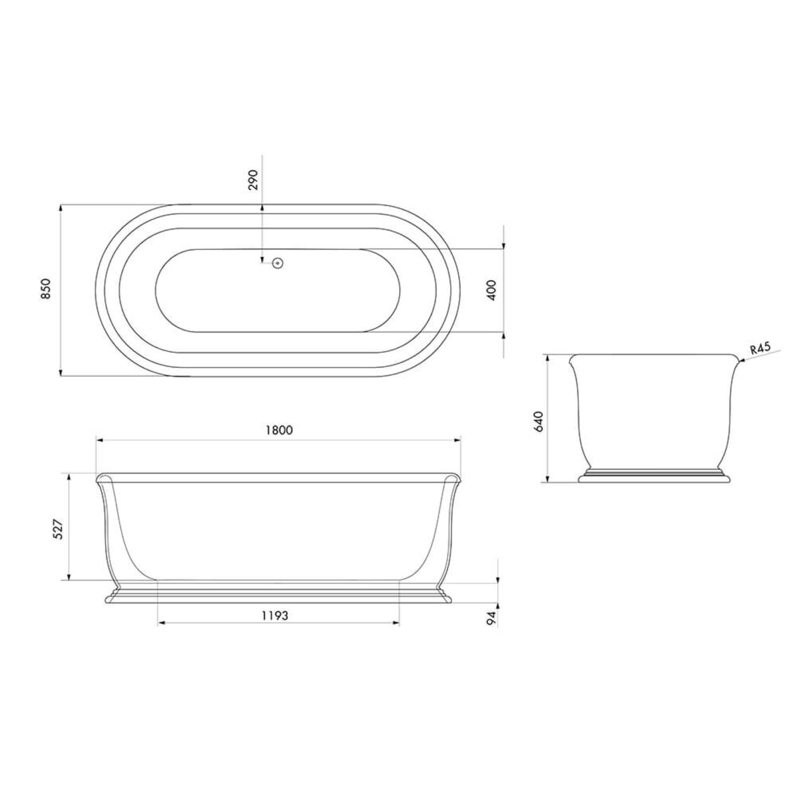 Technical Drawing Turner Hastings Camden 180 x 85 TitanCast Bath - Satin Silk White with Overflow CM1800TCB-OF - The Blue Space