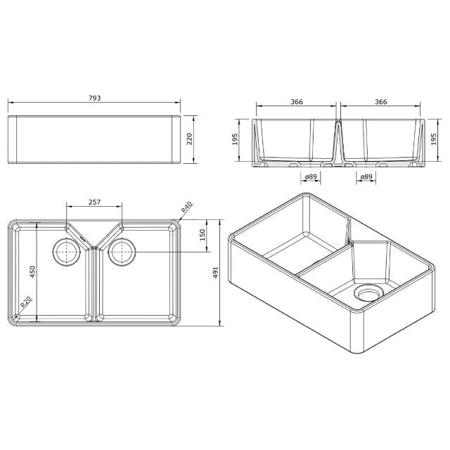 Technical Drawing Turner Hastings Chester Double Flat Front Fine Fireclay Butler Sink - No Taphole 7403-NTH - The Blue Space