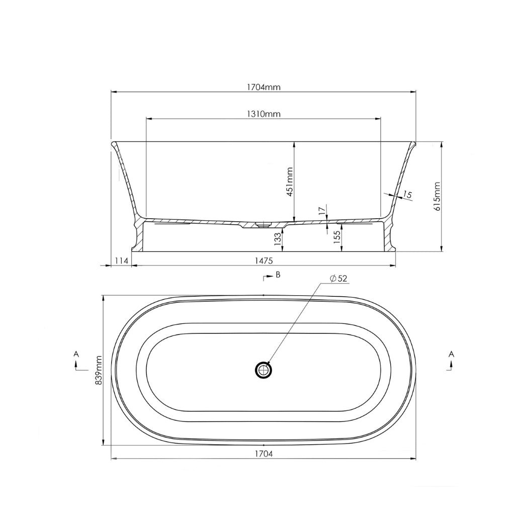 Technical Drawing Turner Hastings Claremont 170 x 84 MagnaCast Free Standing Bath - Gloss White No Overflow CL1700MCB-GW - The Blue Space