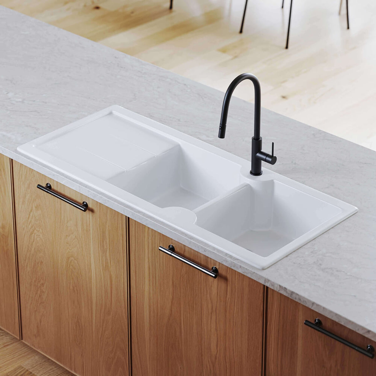 Lifestyle 1 Turner Hastings Cuisine 116 x 50 Double Bowl Sink With Tap Hole Left Hand Drainer - Gloss White CUD116FS-LHD - The Blue Space
