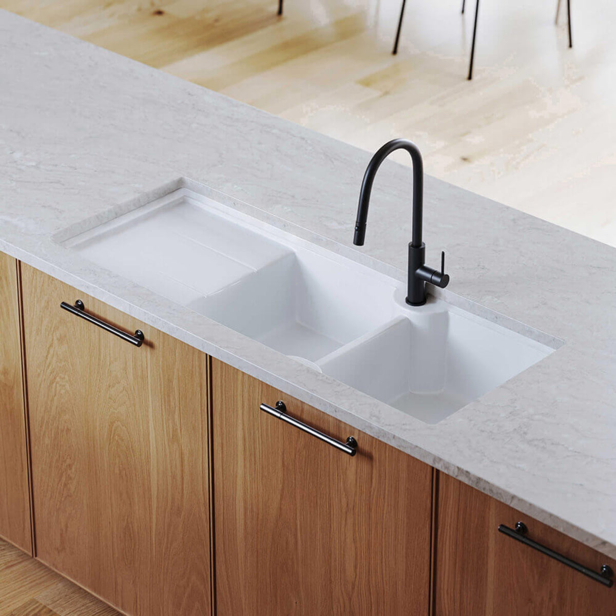 Lifestyle 2 Turner Hastings Cuisine 116 x 50 Double Bowl Sink With Tap Hole Left Hand Drainer - Gloss White CUD116FS-LHD - The Blue Space