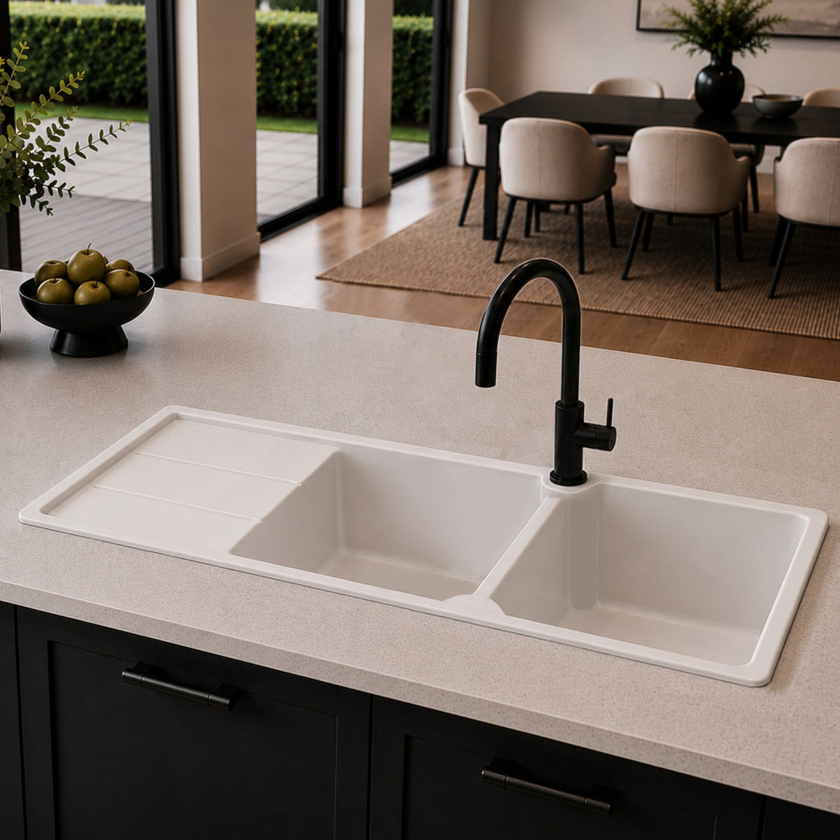 Lifestyle 1 Turner Hastings Cuisine 116 x 50 Double Bowl Sink With Tap Hole Left Hand Drainer - Matte White CUD1163FS-LHD-MW - The Blue Space