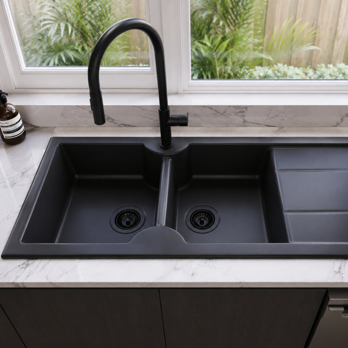 Lifestyle Turner Hastings Cuisine 116 x 50 Double Bowl Sink With Tap Hole Right Hand Drainer - Matte Black CUD116FS-RHD-MB - The Blue Space