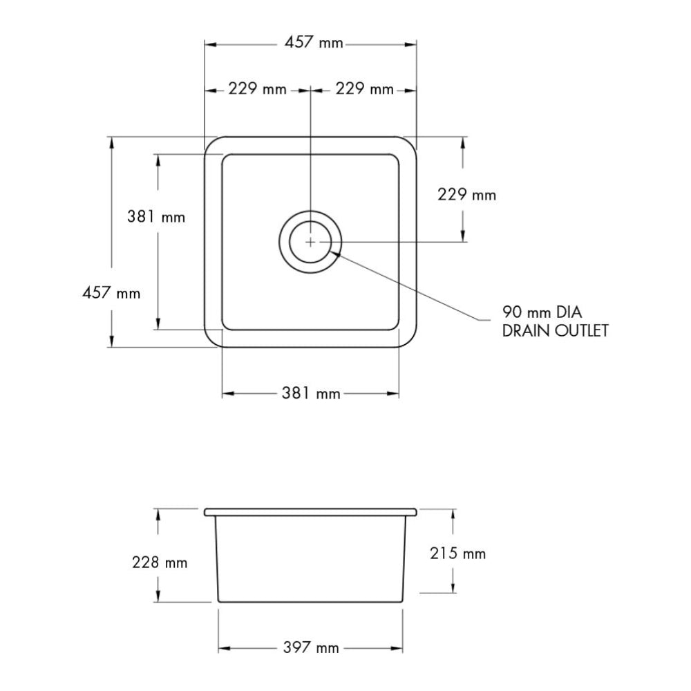 Technical Drawing Turner Hastings Cuisine 46 x 46 Inset/Undermount Fine Fireclay Sink CU46FS - The Blue Space