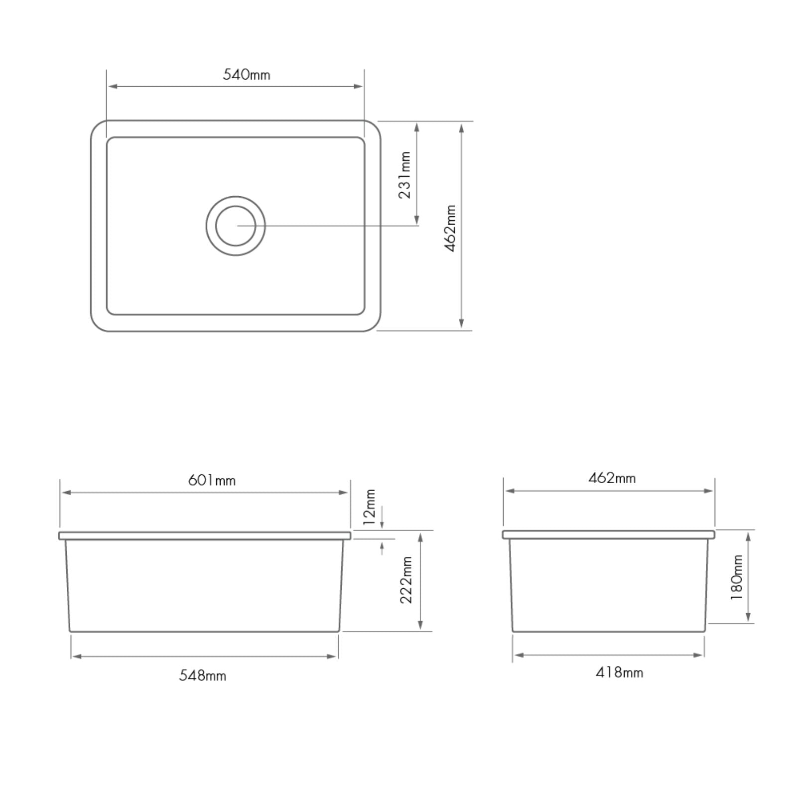 Technical Drawing Turner Hastings Cuisine 60 x 46 Inset / Undermount Fine Fireclay Matte Black Sink CU60FS-MB - The Blue Space