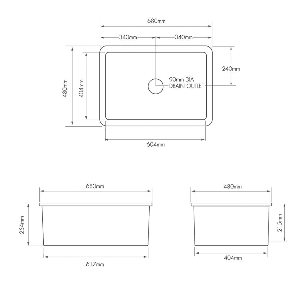 Technical Drawing Turner Hastings Cuisine 68 x 48 Inset / Undermount Fine Fireclay Matte Black Sink With Overflow CU68FS-MB-OF - The Blue Space
