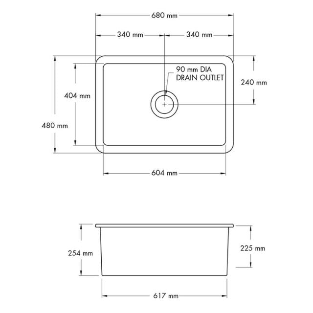 Technical Drawing Turner Hastings Cuisine 68 x 48 Inset / Undermount Fine Fireclay Matte White Sink CU683FS-MW - The Blue Space
