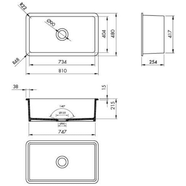 Technical Drawing Turner Hastings Cuisine 81 x 48 Inset / Undermount Fine Fireclay Matte White Sink CU813FS-MW - The Blue Space